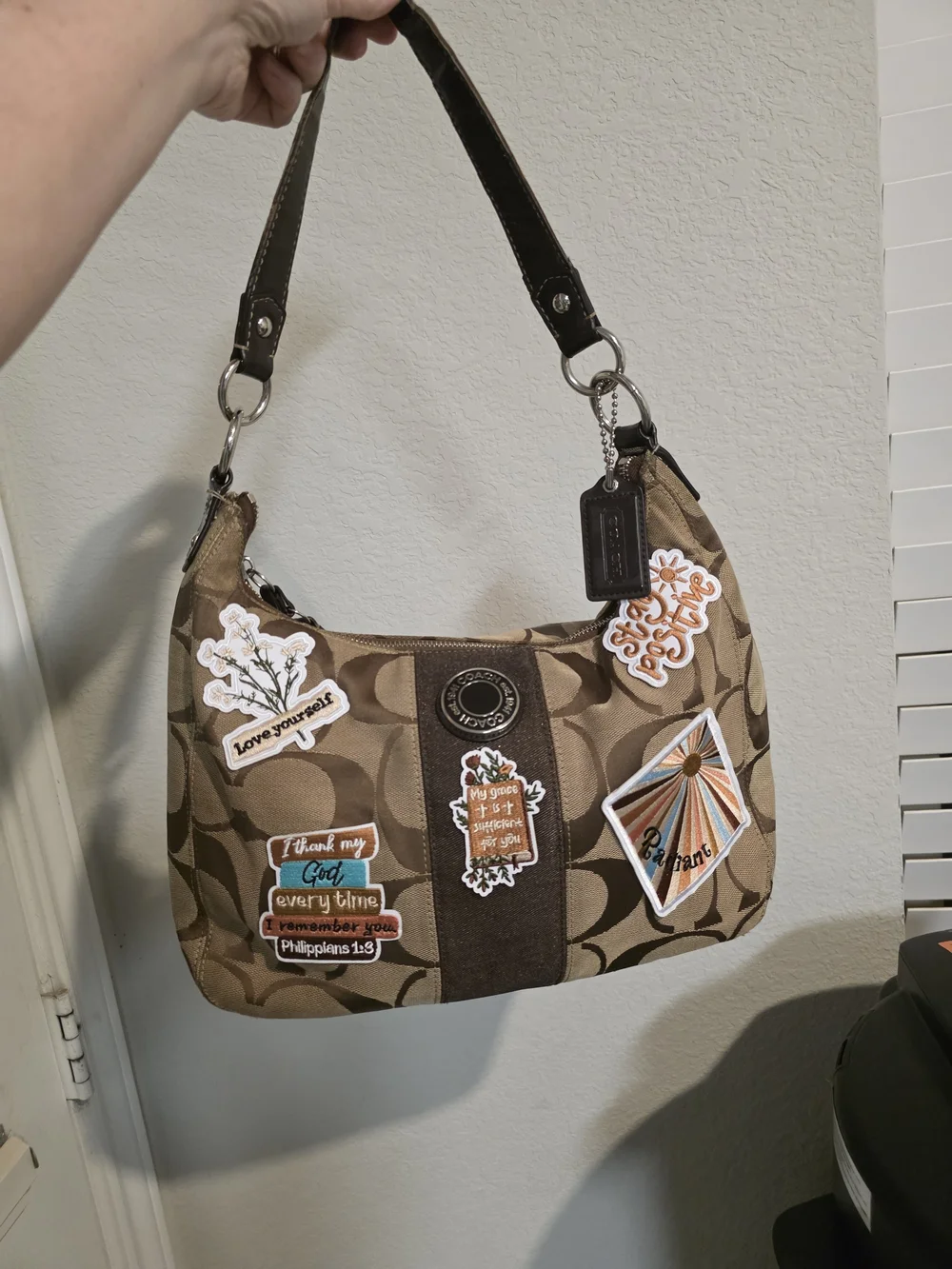 *UPCYCLED* Coach F19281 Brown Signature Canvas Shoulder Bag with Patch Accents - Picture 1 of 9